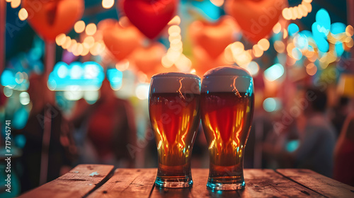 Cinematic photograph of two beer pint at a pub. Dim lights Heart shaped balloons and confeti. Valentines. Love photo