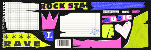 A brightly colored set of torn and crumpled collage paper. Torn pieces of paper,text clippings, checkered notebook sheets. Modern vector illustration.