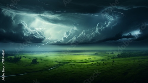 A summer thunderstorm over a lush green meadow.