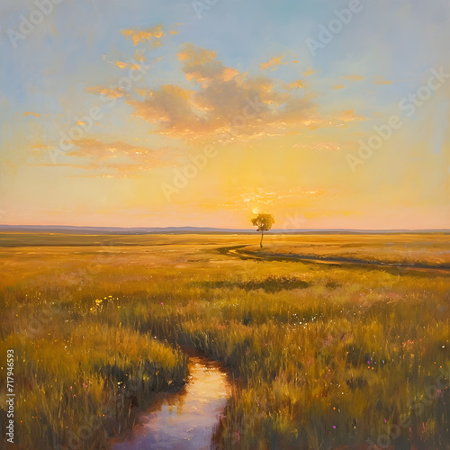 Golden Sunset Over Serene Prairie Landscape.