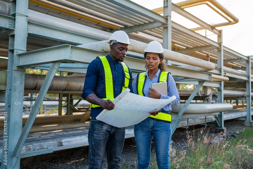Young mechanical engineer holding blueprint drawing to checking and inspection gas pipeline system new construction project of industrial. Young mechanical engineer holding blueprint drawing to checking and inspection gas pipeline system new construction project of industrial.
