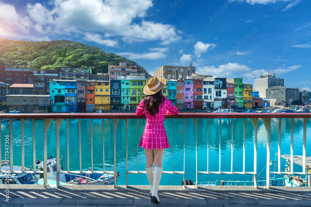 Fototapeta premium Tourist visiting around Colorful Zhengbin Fishing Port in Keelung, Taiwan.