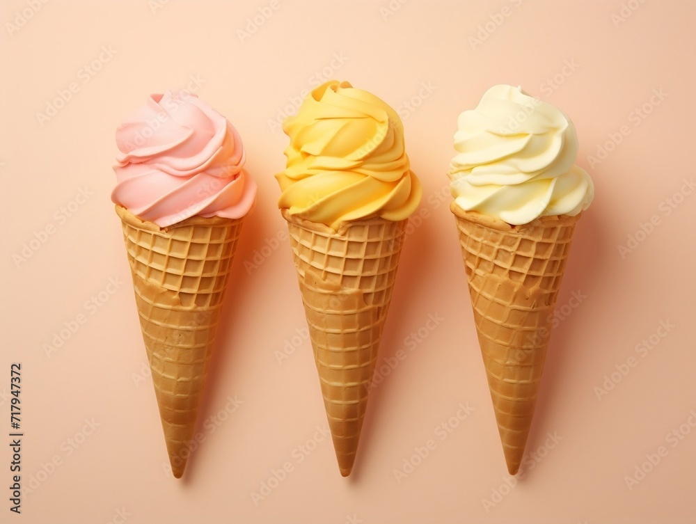 Three ice cream cones with three different flavors on isolated background