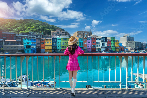 Tourist visiting around Colorful Zhengbin Fishing Port in Keelung, Taiwan.