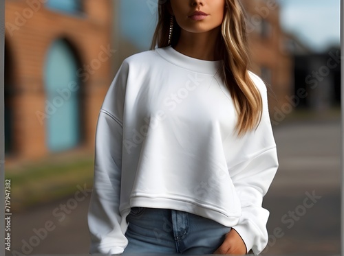 Young Model Shirt Mockup, Girl wearing white Sweatshirt on street in daylight, Shirt Mockup Template on hipster adult for design print, Female wearing casual Sweatshirt mockup placement. Generative AI