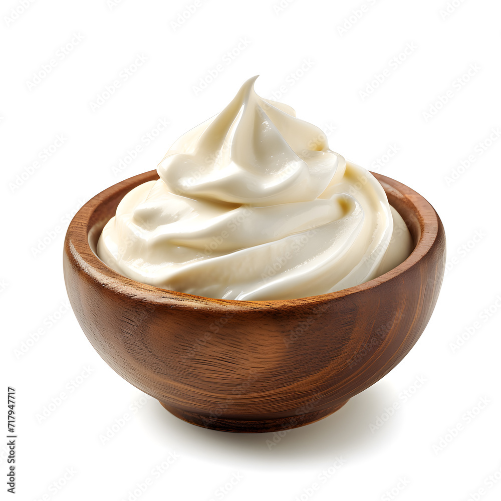 Sour cream in wooden bowl isolated on white Sour cream in wooden bowl isolated on white