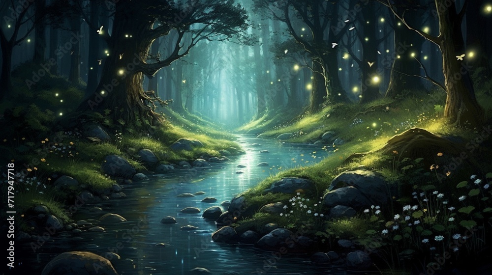 A tranquil summer night with fireflies around a creek.