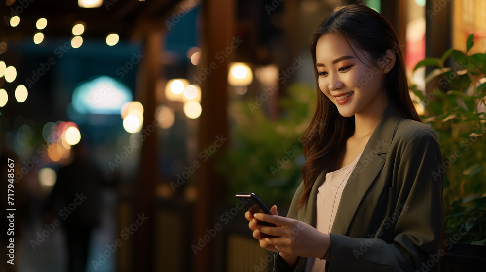 Attractive young Asian woman smiling happily using smartphone, mobile texting, shopping cart and online social media city. Lifestyle Attractive young Asian woman smiling happily using smartphone, mobile texting, shopping cart and online social media city. Lifestyle