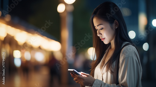 Attractive young Asian woman smiling happily using smartphone, mobile texting, shopping cart and online social media city. Lifestyle