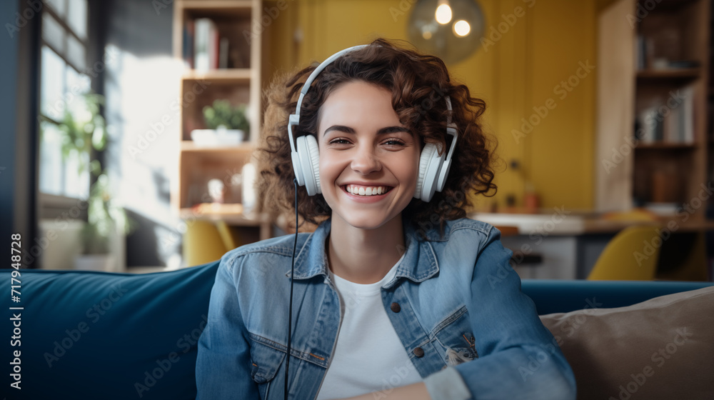 Beautiful young Caucasian woman smiling on sofa at home wearing headphones, happy to spend free time at home and enjoying weekend activities. Lifestyle Beautiful young Caucasian woman smiling on sofa at home wearing headphones, happy to spend free time at home and enjoying weekend activities. Lifestyle
