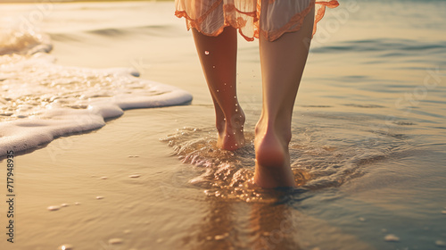 Closeup of woman's feet stepping on ocean wavesblue fun concept of weekend activities Lifestyle photo