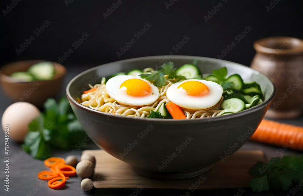 A bowl of delicious fried noodle soup with an egg, carrot, cucumber, and herbs on the table A bowl of delicious fried noodle soup with an egg, carrot, cucumber, and herbs on the table