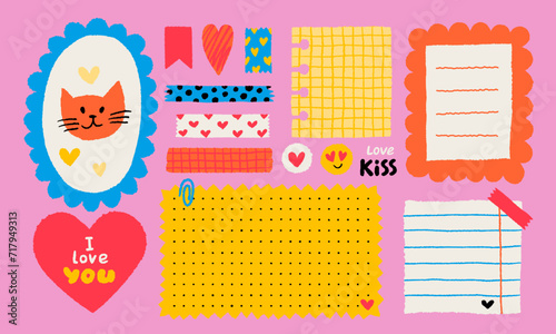 Paper valentine memo notes on stickers. Vector vintage sticky notes and pages with torn edges