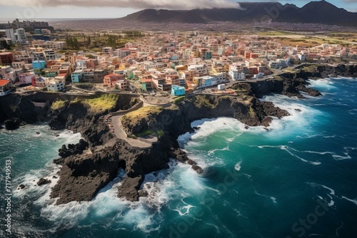 Aerial view of vibrant Garachico city center with colored houses, ocean shore, and lava pools. Popular tourist destination, pearl of the Canary Islands. Generative AI