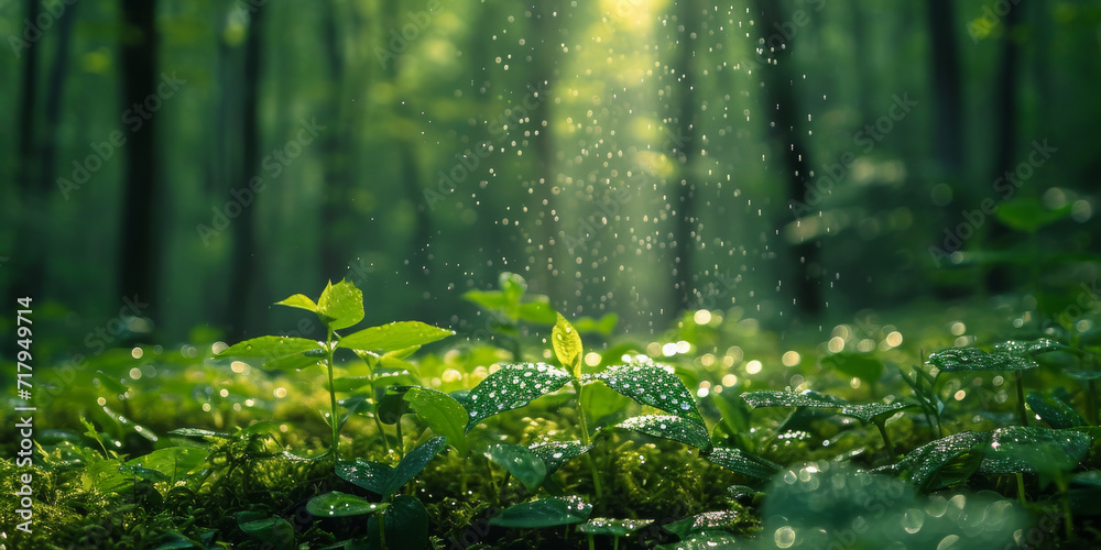 rain in the forest banner with copy space - obrazy, fototapety, plakaty 