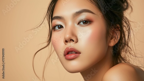 Korean Beauty, Elegant Skincare Model with Solid Makeup on Light Beige Background