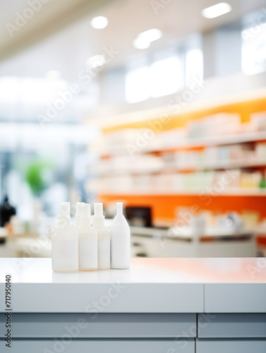 Bright Pharmacy Interior with Medicine Bottles on Display, Blurred Background. photo
