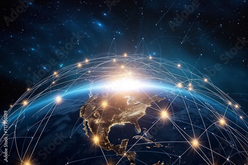 connection lines encircling the Earth s surface  futuristic technology backdrop enriched with dynamic circles and lines  connecting globe with internet  logistics  travel