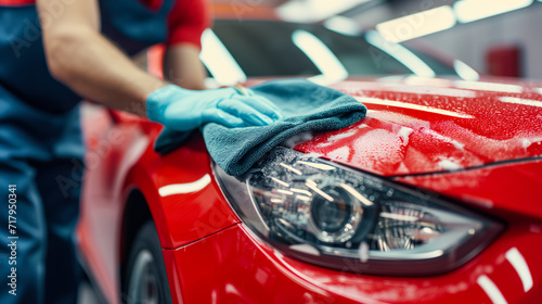 Worker washing a red car © HQ2X2