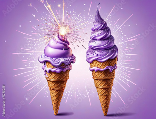 Pop Art Illustrations: Photorealistic Ice Cream Cone, Sparkling Cake, and Stippled Ballpoint Pen Drawing Gen AI photo