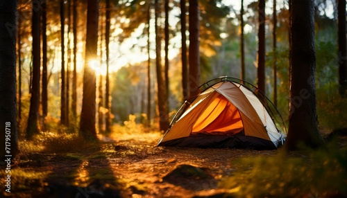 Woodsy Sunset Escape: Camping in Nature's Warm Embrace, a Tent Glows Amidst the Colors of a Picturesque Evening. Generative AI.