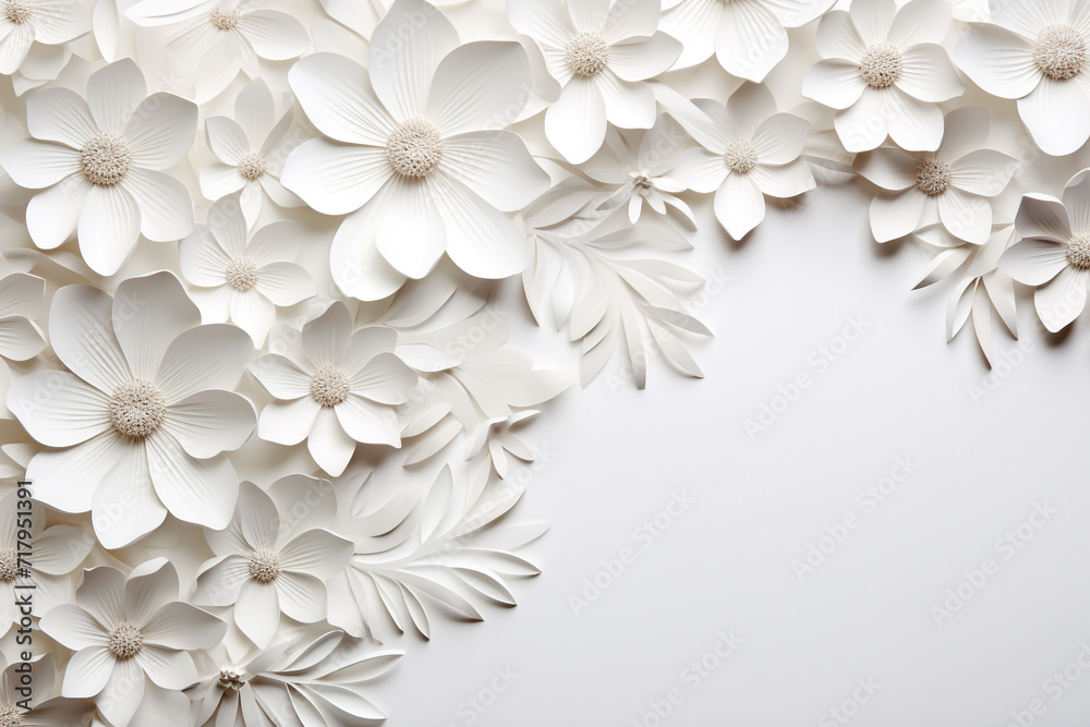 Paper cut flowers and leaves, Fresh spring nature background. Floral banner, poster, flyer template with copy space. Paper cut flowers and leaves, Fresh spring nature background. Floral banner, poster, flyer template with copy space.
