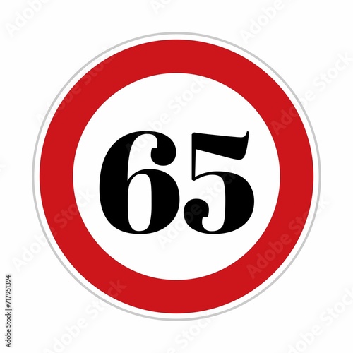 65 kmph or mph speed limit sign icon. Road side speed indicator safety element. Sixty five speed sign flat isolated on white background  photo