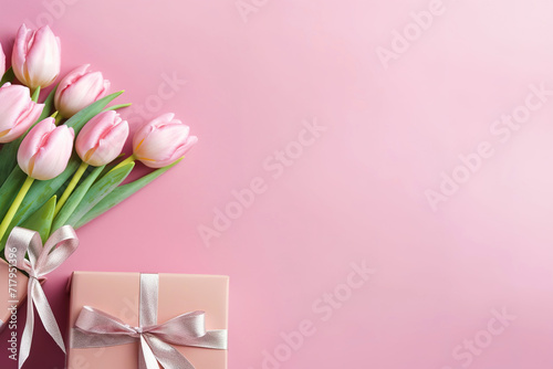 Bouquet of beautiful pink tulips with gifts on a pink background, beautiful gift cards for Valentine's Day and Mother's Day
