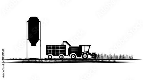 Set of silhouette scenes from farm life with harvester on field isolated on white background. Rural clipart.