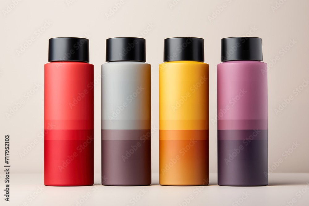Set of bottles in different colors  for cosmetic products on beige background.