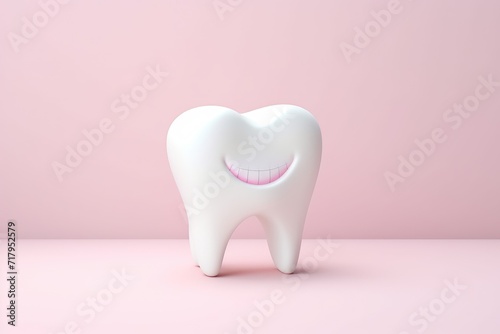 Smiling White Tooth Model Against a Soft Pink Background in a Dental Health Concept