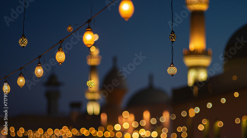 a mosque illuminated with lights and lanterns during the evening of Eid Mubarak