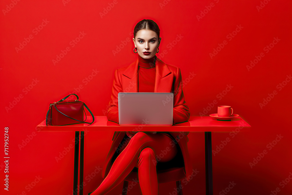 woman in red attire with a laptop sits at a red table against a red background, ai generative