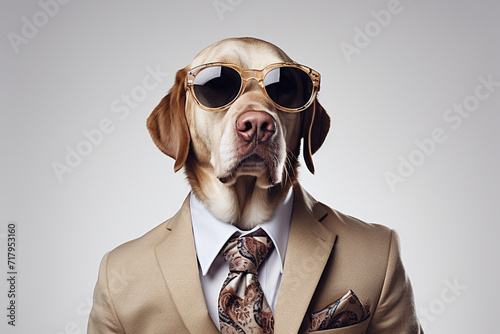 Cute and funny dog impersonating business person, working in the office, on white background photo