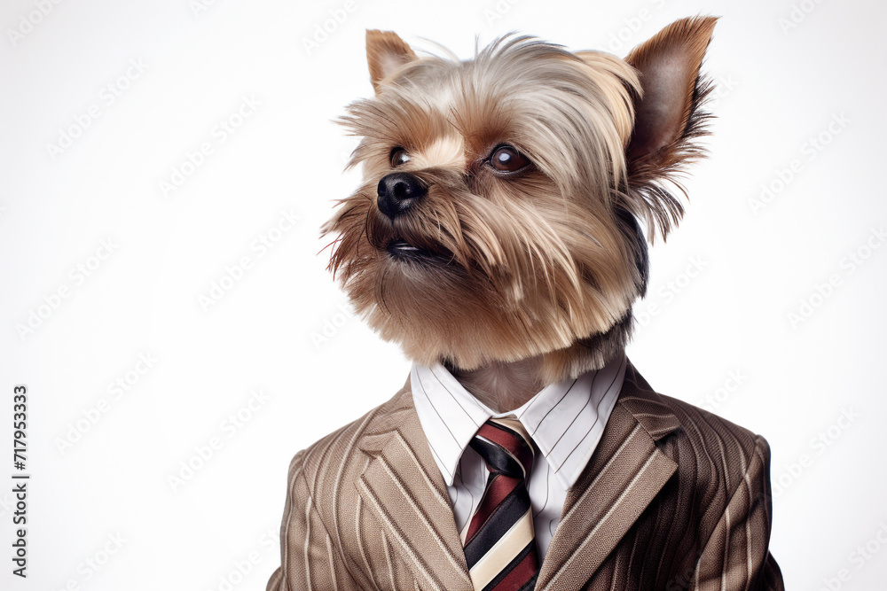 Cute and funny dog impersonating business person, working in the office, on white background