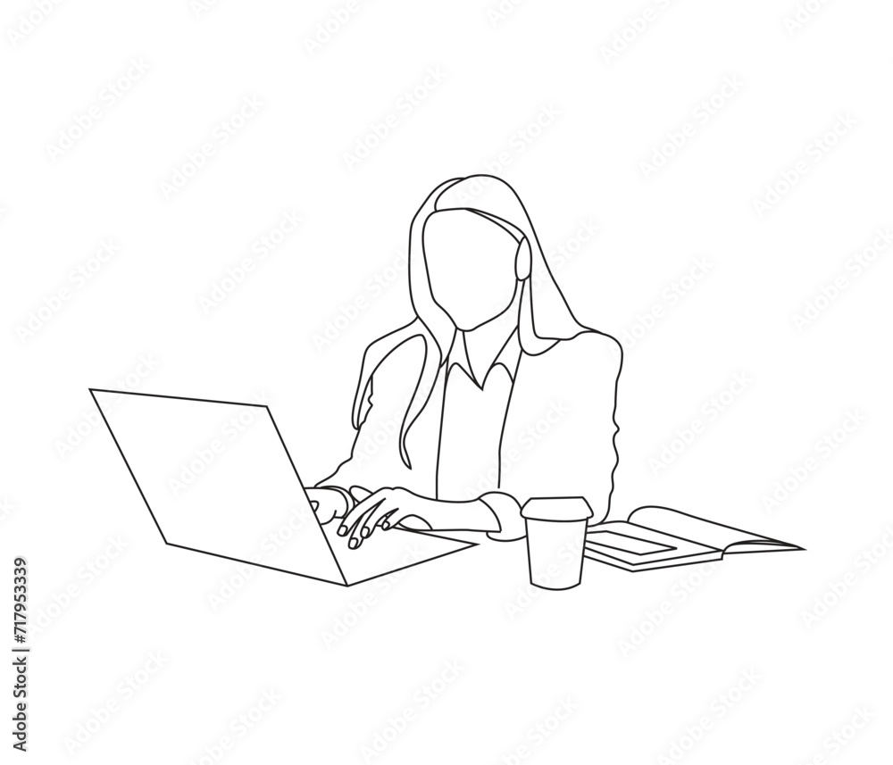 Vector drawing of woman using laptop continuous line art Vector drawing of woman using laptop continuous line art