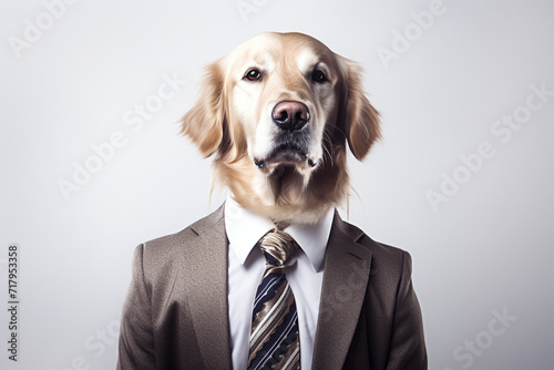 Cute and funny dog impersonating business person, working in the office, on white background