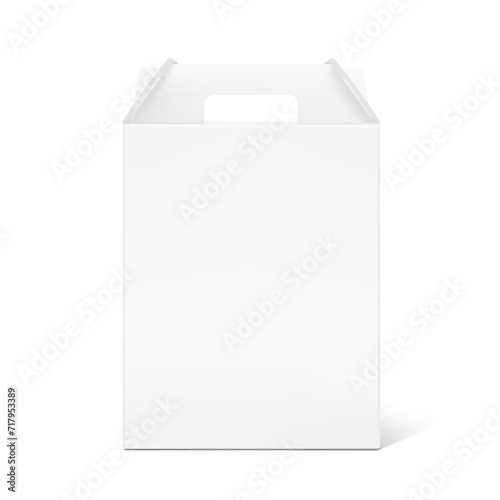 Carry craft box with handle for transport and sell your quality product mockup. Vector illustration isolated on white background. Easy to use for presentation your product, idea, promo, design. EPS10.