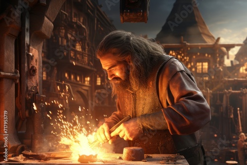 Medieval blacksmith working in his smithy photo