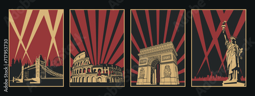 World Landmarks from UK, Italy, France and USA. London Bridge, Rome Colosseum, Paris Arch of Triumph, New York Statue of Liberty. Retro Propaganda Style Posters 