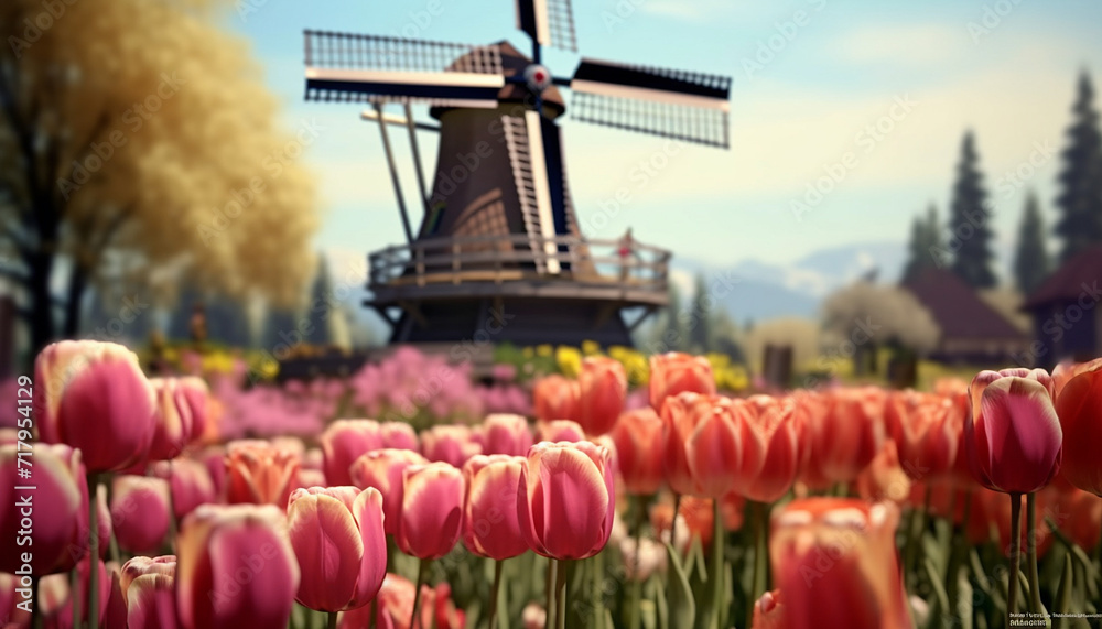 Dutch historical windmills and tullip flowers, typical dutch landscape Netherlands - obrazy, fototapety, plakaty 