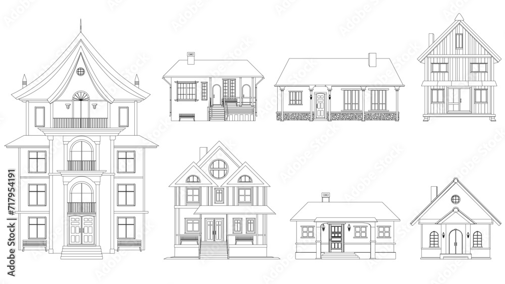 Set of black outlines of mansions and private houses isolated on white background. One-story houses and with several floors. Clipart.