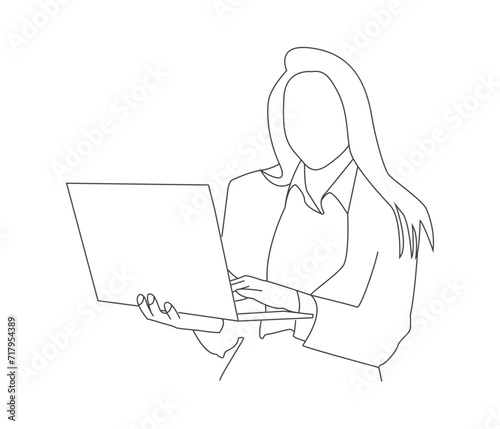 Vector drawing of woman using laptop continuous line art © Jeasmin