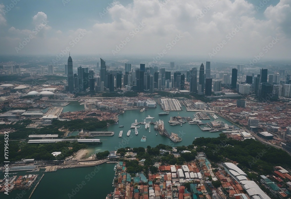 Aerial view from plane overlooking the port or harbor area of Kuala Lumpur the capital of Malaysia