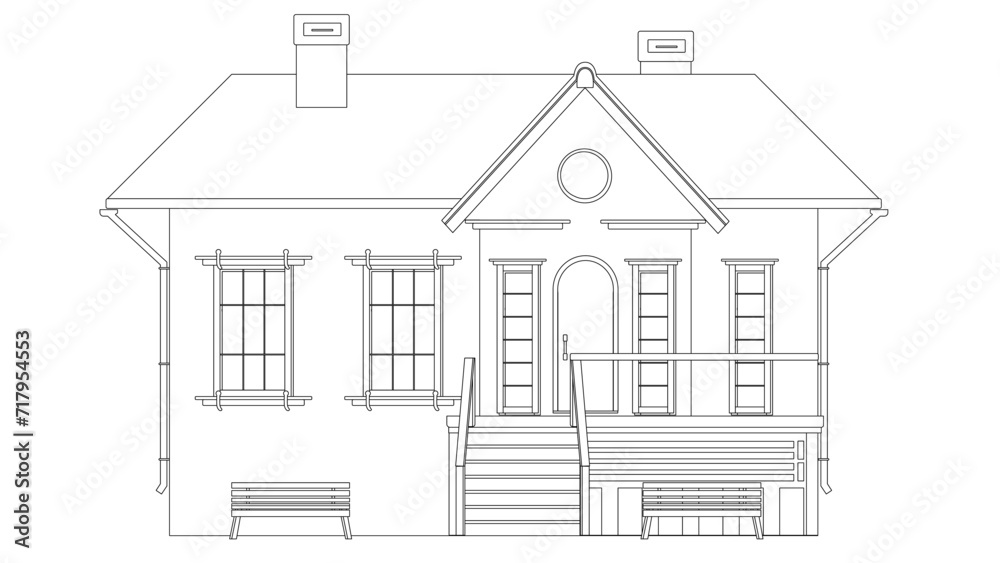 Outline of one-story house with porch and benches isolated on white background. Clipart.
