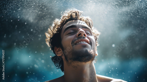 Closeup portrait of a serene happy healthy young man with closed eyes enjoying water treatments