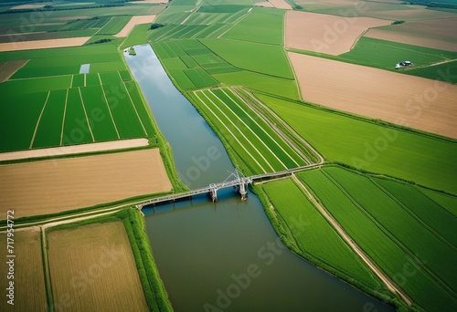 Aerial view of cultivated agricultural farming land with vivid green color as a typical dutch canals