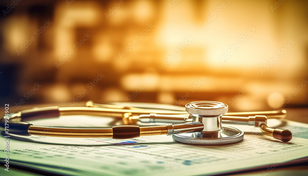 Obraz premium Stethoscope on the medical report. Healthcare and medical concept, billing statement for medical service in doctor's office background