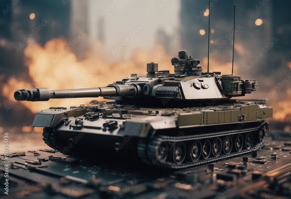 Closeup on a military tank on a powerful computer board for AI taking control over war concept or ra Closeup on a military tank on a powerful computer board for AI taking control over war concept or ra