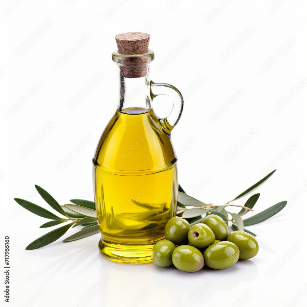 Olive branch and olive oil bottle isolated on white Olive branch and olive oil bottle isolated on white